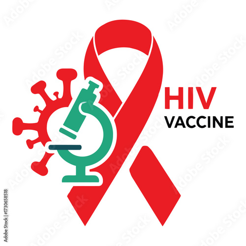 Vector art of red ribbon with microscope and virus symbolizing hiv vaccine research