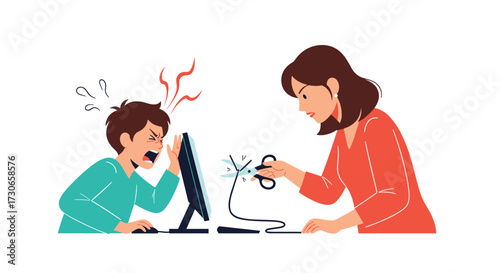 Frustrated child being told to turn off the computer by an angry mother.