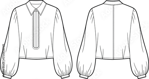 Cad drawing flat vector illustration of long sleeve women blouse with extended button placket, gathered cuffs, detailed collar and back seam lines