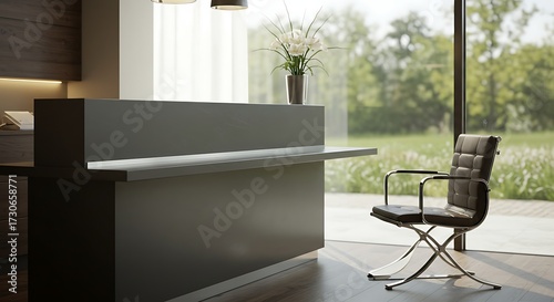 Serene Minimalist Reception Area - Modern Office Interior Design with Natural Light.