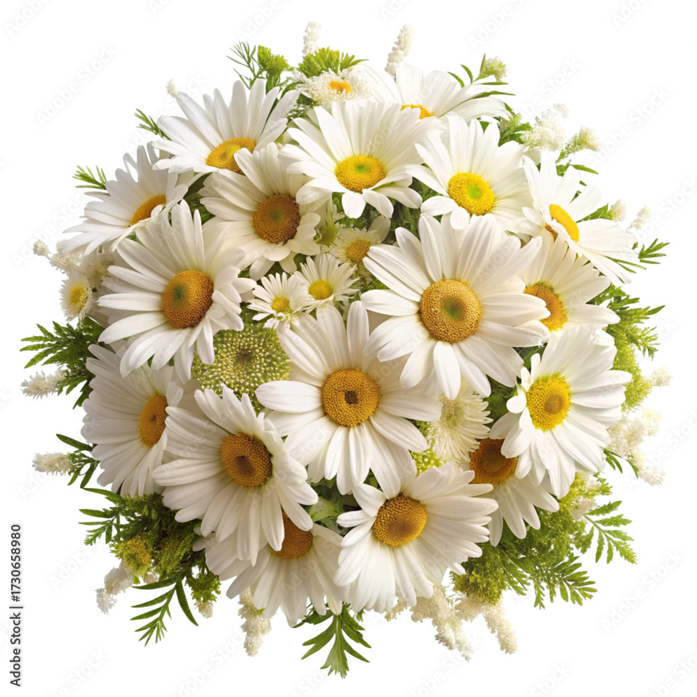 Obraz premium A beautiful tightly arranged bouquet of fresh white daisies with green foliage