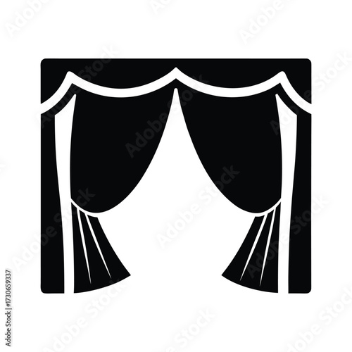 Black silhouette of open stage curtains with white background theater opera