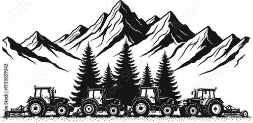 "Black and white vector landscape with pine trees, mountains, parked tractors, rocky terrain, rural farming scene in forest silhouette style"