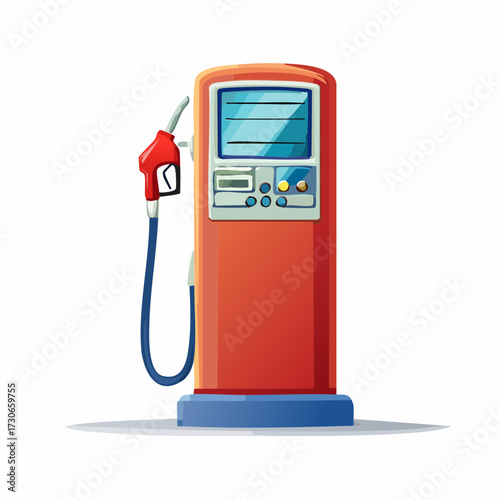 A retro-style red and blue gasoline pump with a digital meter and nozzle, depicted in a cartoon illustration on a white background.