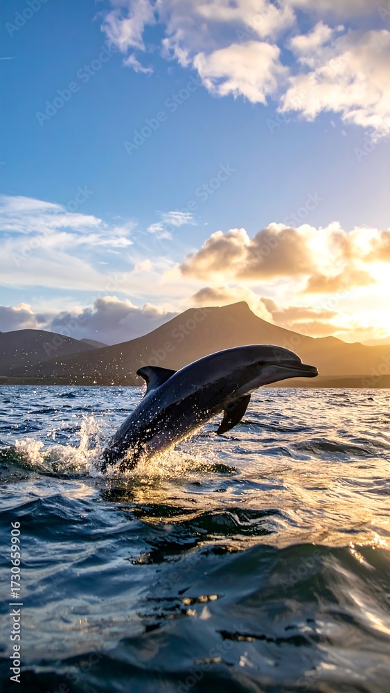 Fototapeta premium Dolphin Leaping in Ocean Sunrise.