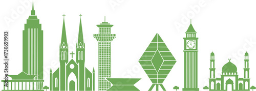 World architecture silhouette, famous landmarks illustration, global cultural heritage, green vector design, iconic buildings, mosque, cathedral, skyscraper, clock tower