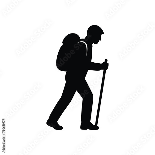 Vector silhouette of trekker bending slightly with backpack and walking stick, solid black