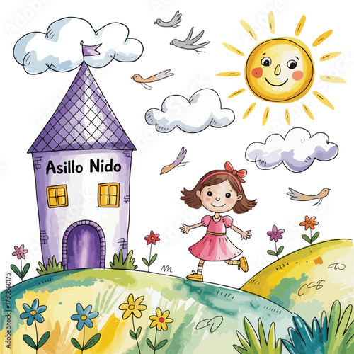 A charming vector illustration of a little boy and princess girl playing in the summer near a fairy tale castle with her dog and flowers