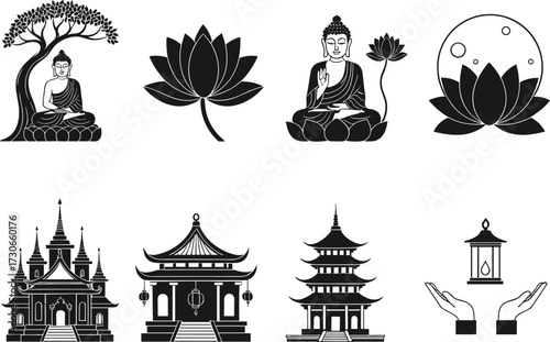 Buddha lotus meditation icons, temple and pagoda silhouettes, spiritual enlightenment symbols, cultural heritage vector, religious art, sacred architecture, Eastern tradition