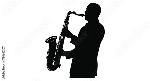 A musician passionately playing a saxophone with a dark outline silhouette