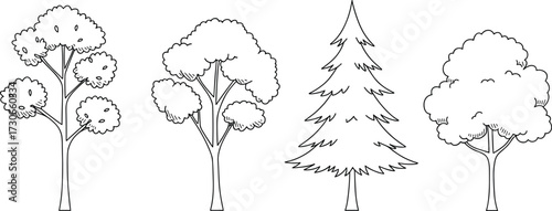 "Black tree silhouette vector set with diverse foliage shapes, conifer and broadleaf styles for botanical and nature-themed design"
