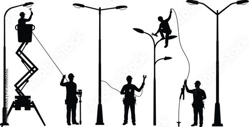 Silhouette workers maintaining and installing streetlights with tools, lift, harness, and cables, urban infrastructure repair and electrical service illustration