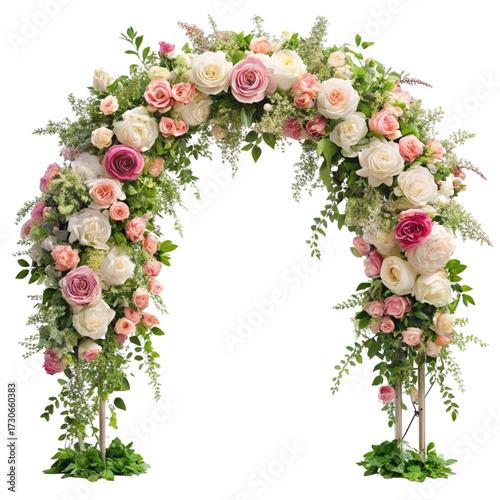 Elegant floral archway with roses and lush greenery perfect for weddings