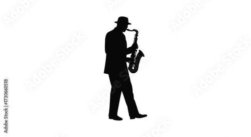 A jazz musician playing saxophone in a stark dramatic silhouette