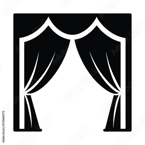 Black stage curtains open revealing white space graphic theater performance