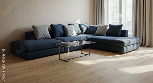 Serene Modern Living Room - Deep Blue Sectional Sofa and Sunlight.