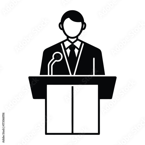 Man in suit speaking at podium with microphone icon speaker speech