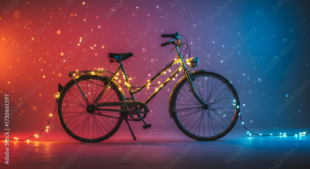 Fototapeta premium Classic bicycle wrapped in golden fairy lights under pink gradient sky. Warm romantic atmosphere for lifestyle or travel visuals.
