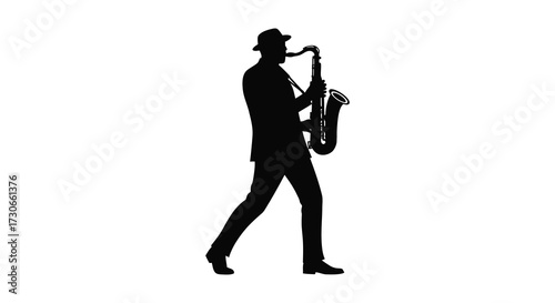 A musician playing a saxophone with a striking dark outline silhouette