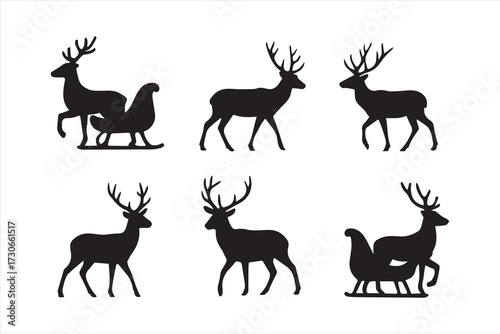Reindeer silhouette set with antlers and sleigh. Black vector deer isolated on white background. Perfect for Christmas, holiday, winter, and festive design elements.