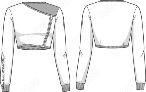 Cad drawing flat vector illustration of modern cropped sweatshirt with asymmetrical zipper, long sleeves, ribbed cuffs and hem stylish design