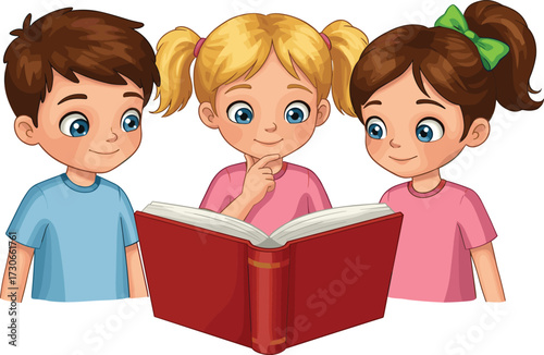 Cartoon illustration of children reading book together, kids studying education, group learning activity, happy friends, knowledge sharing, school classroom concept illustration