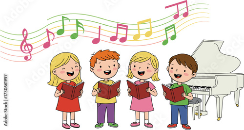 Cartoon illustration of children singing together in choir, holding songbooks, colorful musical notes, piano background, joyful kids music performance scene