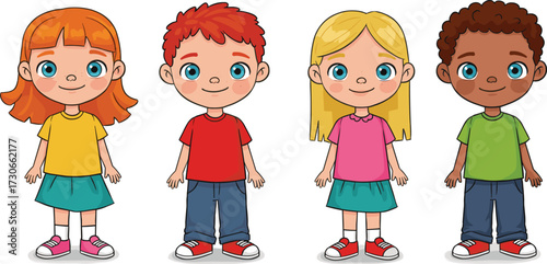 Cartoon illustration of diverse children standing together, happy boys and girls, colorful clothes, cute kids character design, childhood education concept