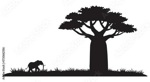 African savanna landscape with a baobab tree and elephant silhouette