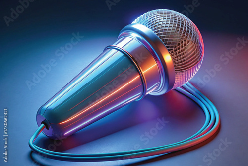 Shiny Microphone with Neon Lighting and Cable audio