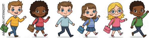 Cartoon illustration of diverse school children walking with backpacks and books, happy kids going to school, education concept, smiling students