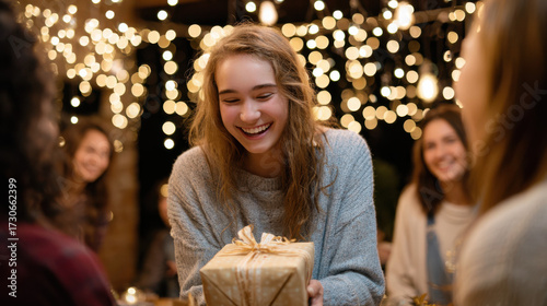 A joyful teenage girl hands a wrapped present to a friend during a cozy celebration surrounded by twinkling lights and laughter.