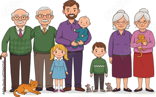 Cartoon illustration of happy family with grandparents, parents, children, baby and pets, multi generation together, smiling relatives, lifestyle concept, harmony