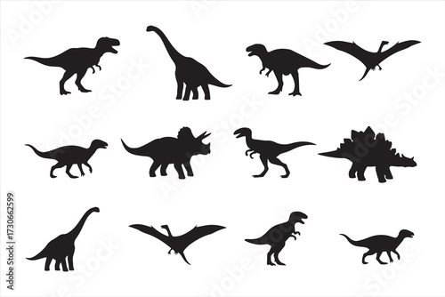 Set of dinosaur silhouettes including T-Rex, Triceratops, Stegosaurus, Brachiosaurus, Velociraptor, and Pterodactyl. Black vector isolated shapes for design, logo, kids, and prehistoric theme.