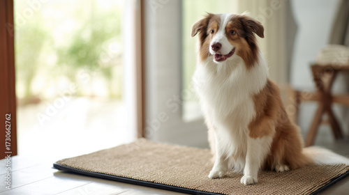 Adorable Australian Shepherd sitting on a woven mat near the doorway, looking alert and content.