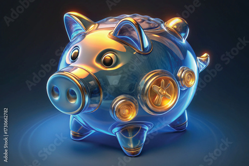 Transparent Piggy Bank with Gold Accents and Blue Glow