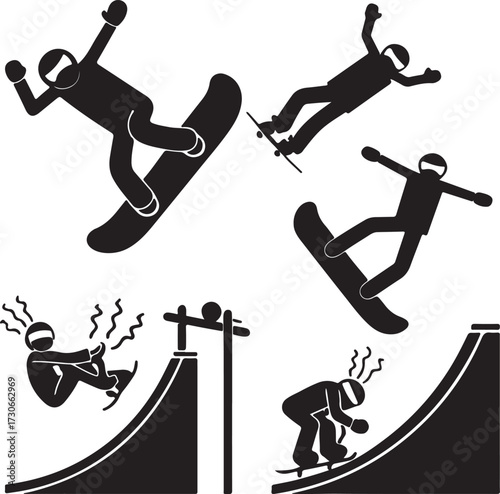 Black and white icons of snowboarders performing tricks and falling, with ramps and jumps, on a white background
