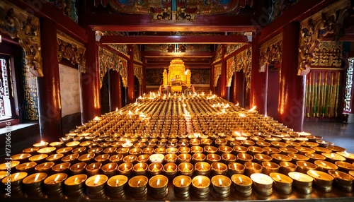 Fotografía rows of golden butter lamps illuminating a sacred altar in tibetan temple at nig
