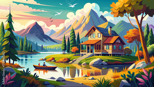 very beautiful Summer landscape with a lakeside house impressionist painting