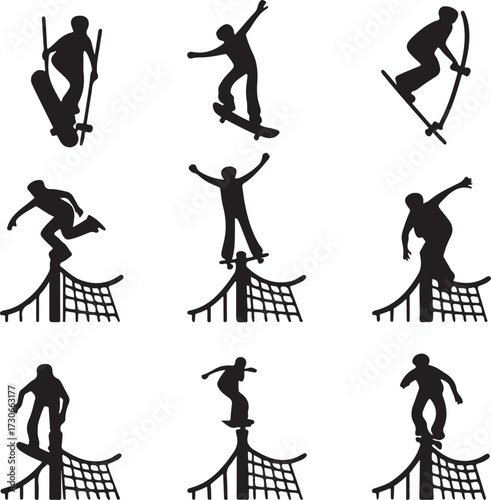 Collection of Silhouetted Skateboarders Performing Tricks on a White Background skateboarding sport