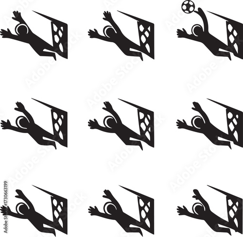 Collection of nine black silhouette icons showing a goalkeeper diving to save a soccer ball in a net on a white background