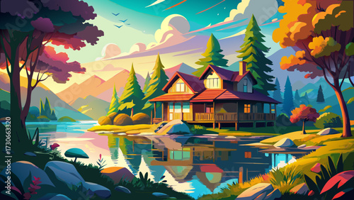 Summer landscape with a lakeside house impressionist painting captures vibrant colors, shimmering reflections, warm sunlight, textured brushstrokes, tranquil water, lush greenery, serene atmosphere, 