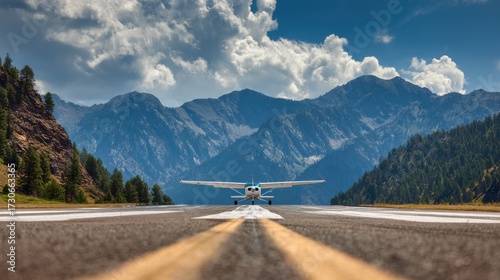 A small Cessna aircraft is lined up on a runway, ready to take flight. Lush green mountains provide a stunning backdrop under a bright blue sky with fluffy clouds