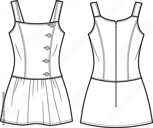 Cad drawing flat vector illustration of sleeveless button front mini dress with asymmetric closure fitted bodice fashion technical sketch template
