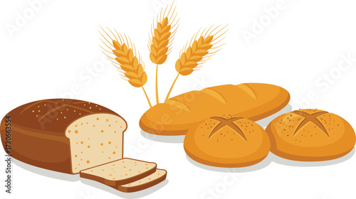 Fresh baked bread with wheat ears illustration, loaf, sliced bread, round buns, bakery food, healthy breakfast, organic grain product