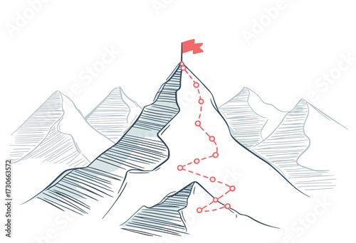 Mountain Climbing Route to Peak Symbolizing Business Journey Path in Progress Toward Success Vector Concept with Clear Steps and Goal Achievement Illustration