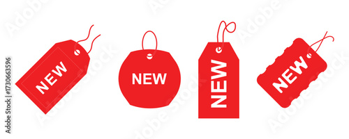 New product labels. Red stickers with "New" labels in price tag, circular badges and spark shape frames for sale, special offer and new arrival promotion.