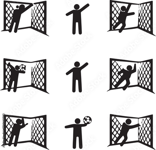 Goalkeeper Saves and Ball Handling Silhouettes of a Soccer Goalie Defending the Net vector illustration