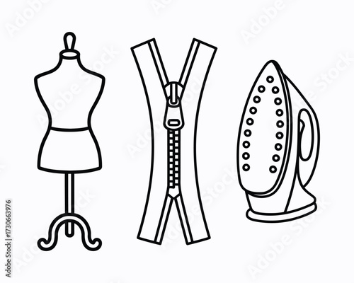 Chic Sewing Essentials Mannequin, Zipper, and Iron Clipart Illustration for Fashion Design Projects and Creative Sewing Themed Graphic Art