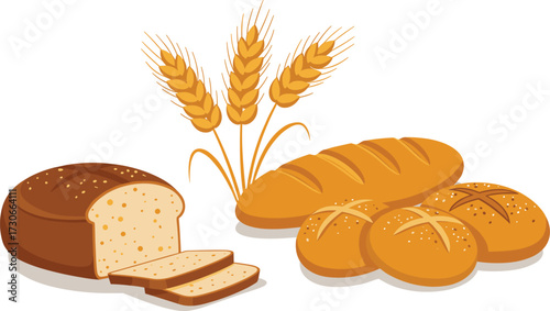 Fresh baked bread with wheat ears illustration, loaf, sliced bread, round buns, bakery product, organic grain food, healthy breakfast meal